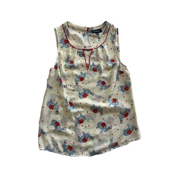 ModCloth Sleeveless Top XS Llama Alpaca Print Red Trim Keyhole Blouse - Picture 2 of 6